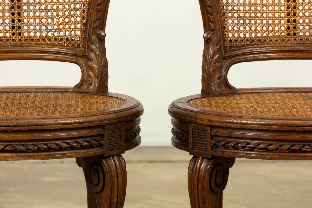 Set of Six Mid-19th Century French Napoleon III Carved Oak and Cane Dining Chairs