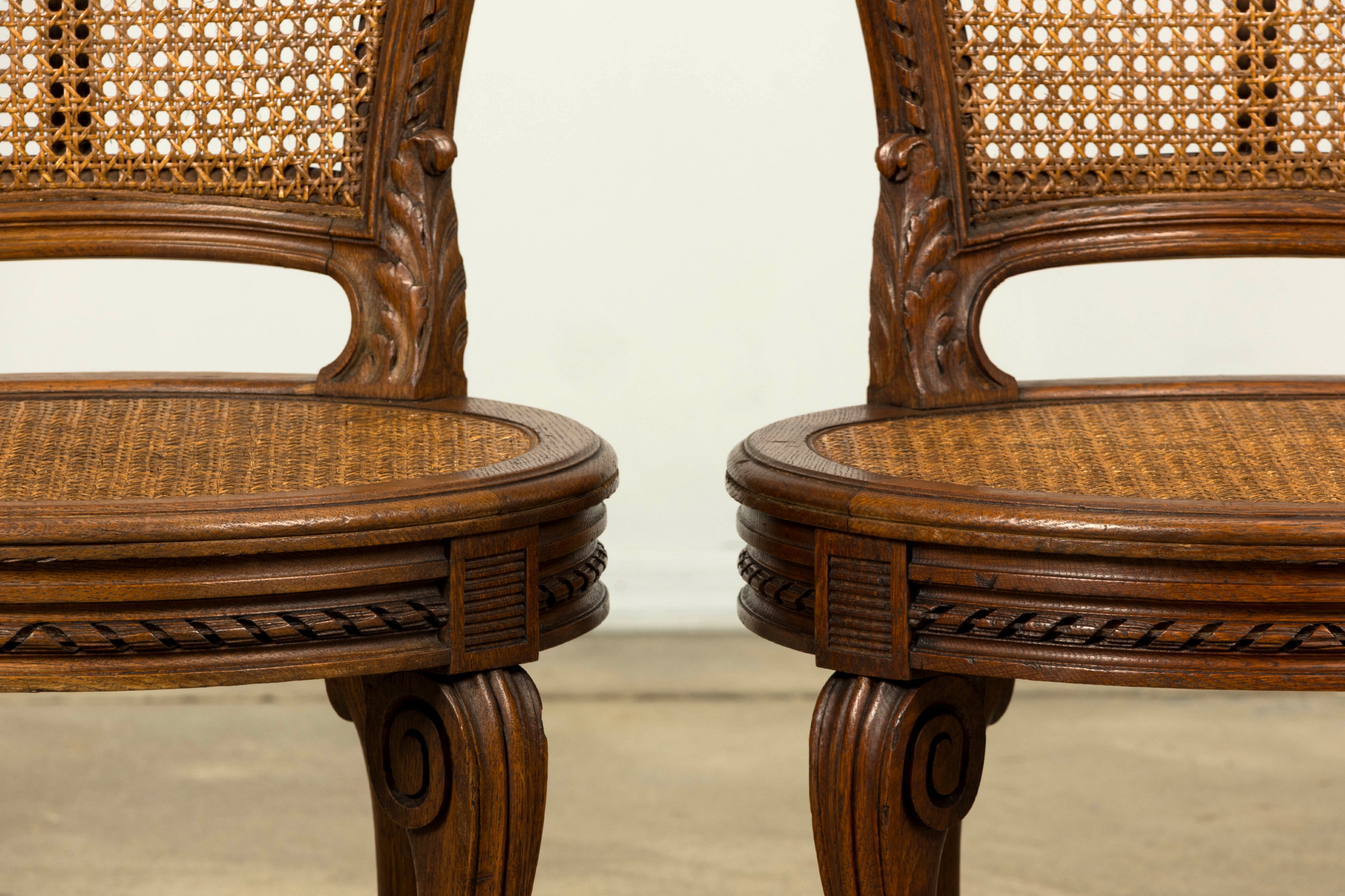 Set of Six Mid-19th Century French Napoleon III Carved Oak and Cane Dining Chairs