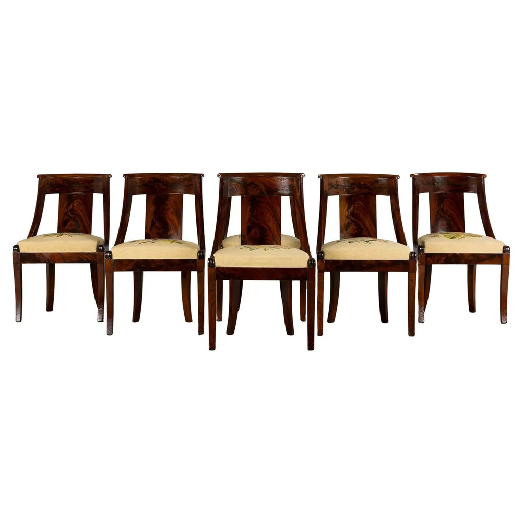 19th Century French Empire Style Mahogany Gondola Dining Chairs W/ Floral Tapestry - Set of 6