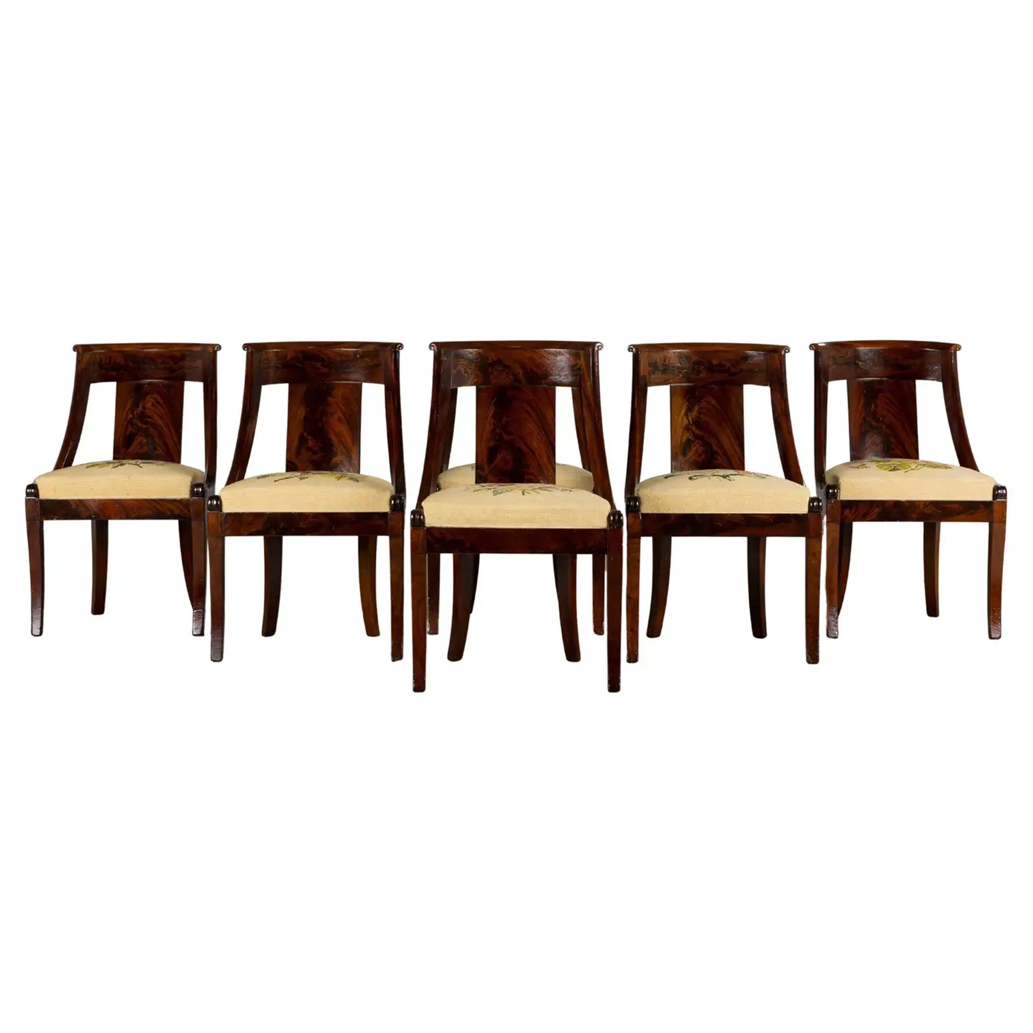 19th Century French Empire Style Mahogany Gondola Dining Chairs W/ Floral Tapestry - Set of 6