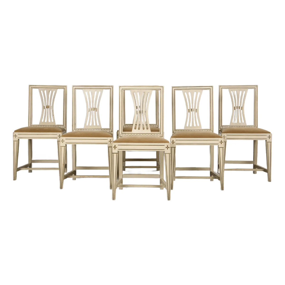 ON HOLD Swedish Gustavian Style Painted Dining Chairs W/ Beige Velvet - Set of 6