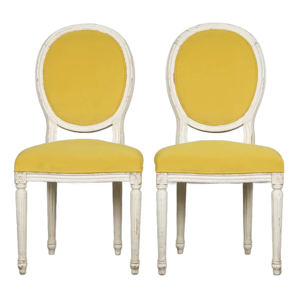 French Louis XVI Style Painted Side Chairs in Lemon Velvet - A Pair