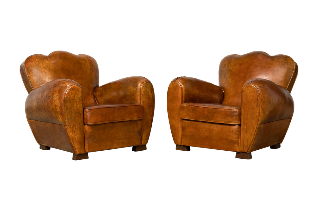 1930s French Art Deco Scalloped Back Cognac Leather Club Chairs, Pair