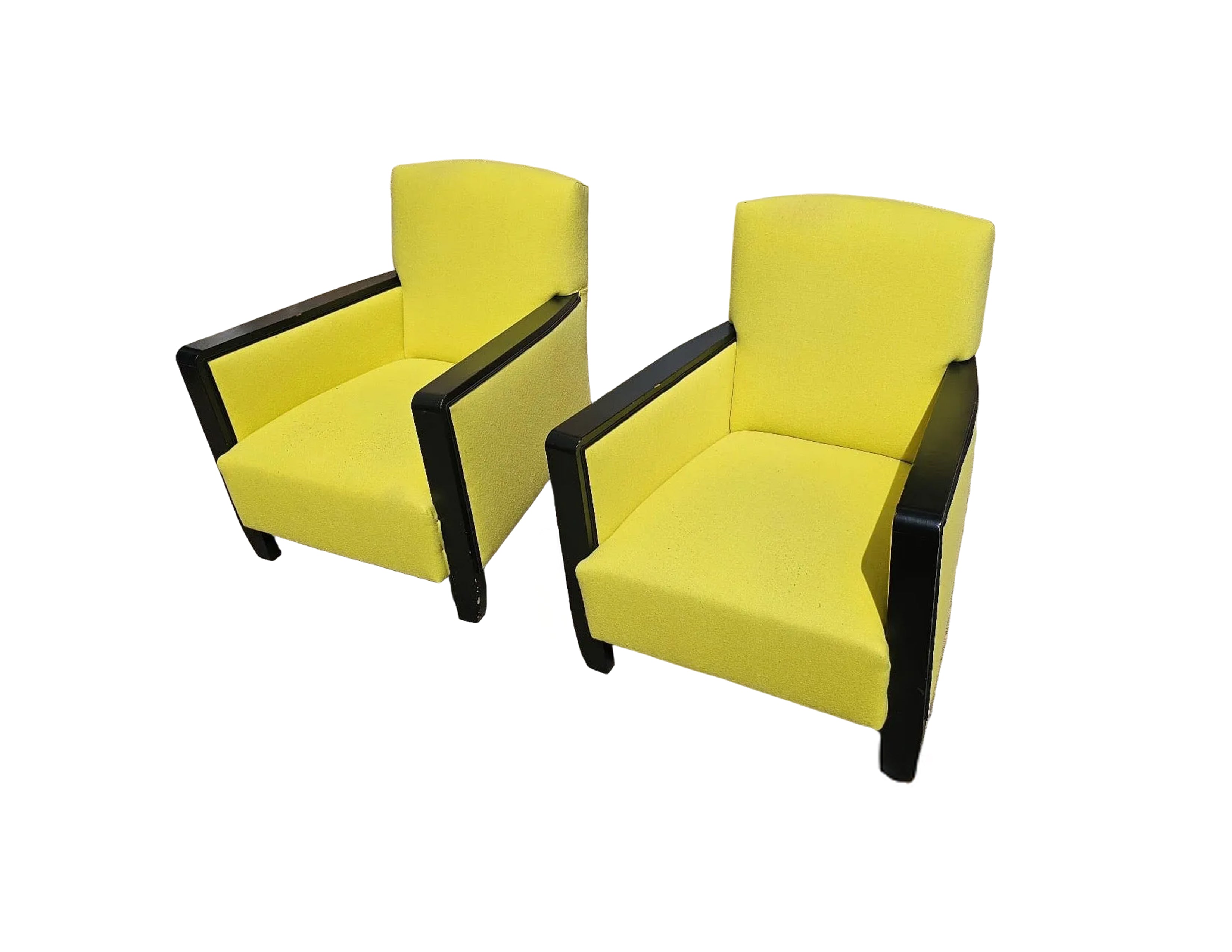 1930s French Art Deco Club Chairs in Yellow Velvet - A Pair