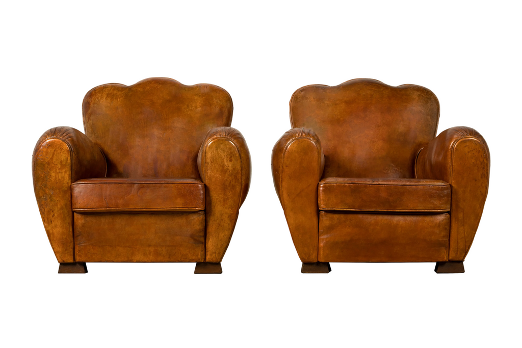 1930s French Art Deco Scalloped Back Cognac Leather Club Chairs, Pair