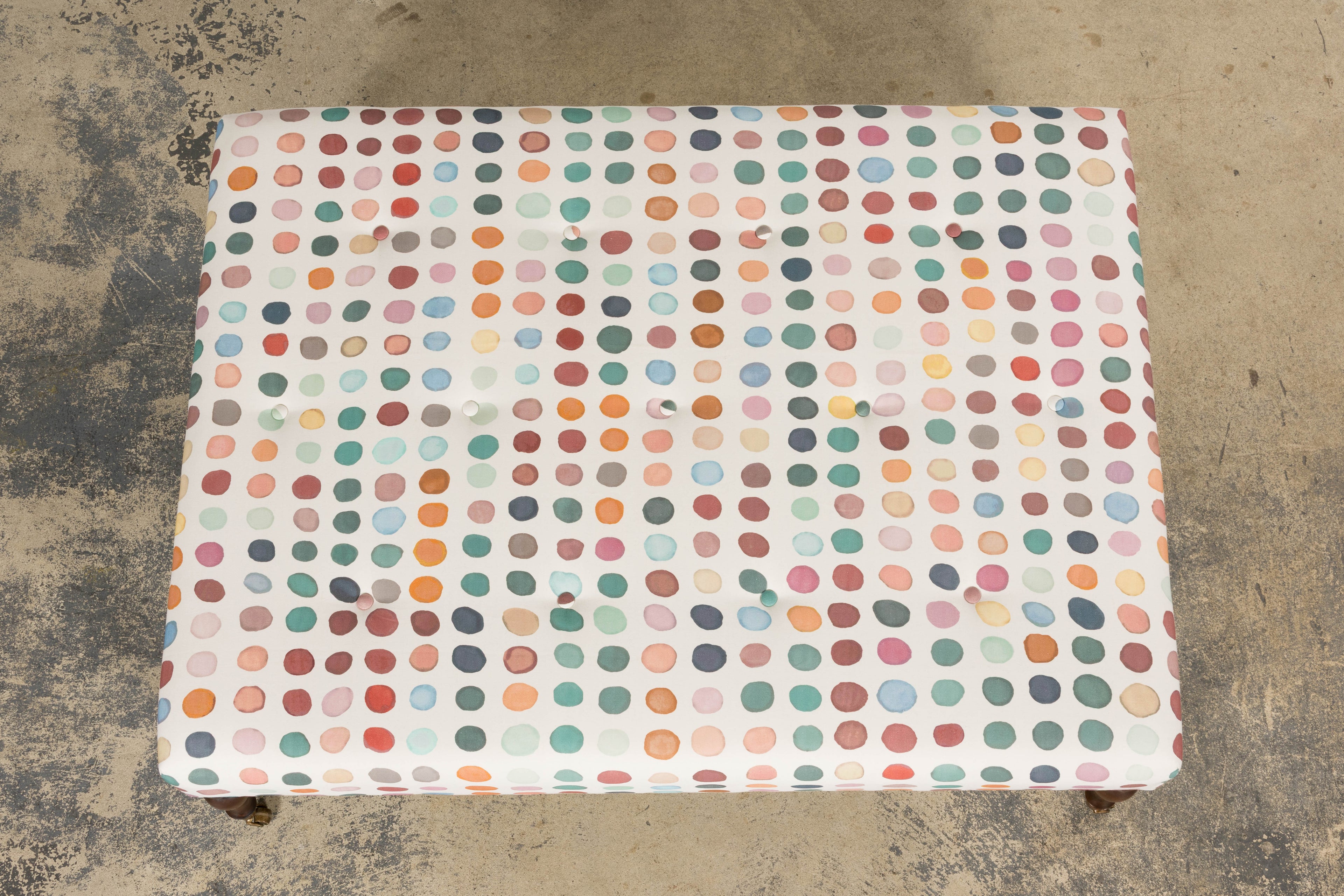 Vintage French Tufted Ottoman in Multicolor Linen Upholstery