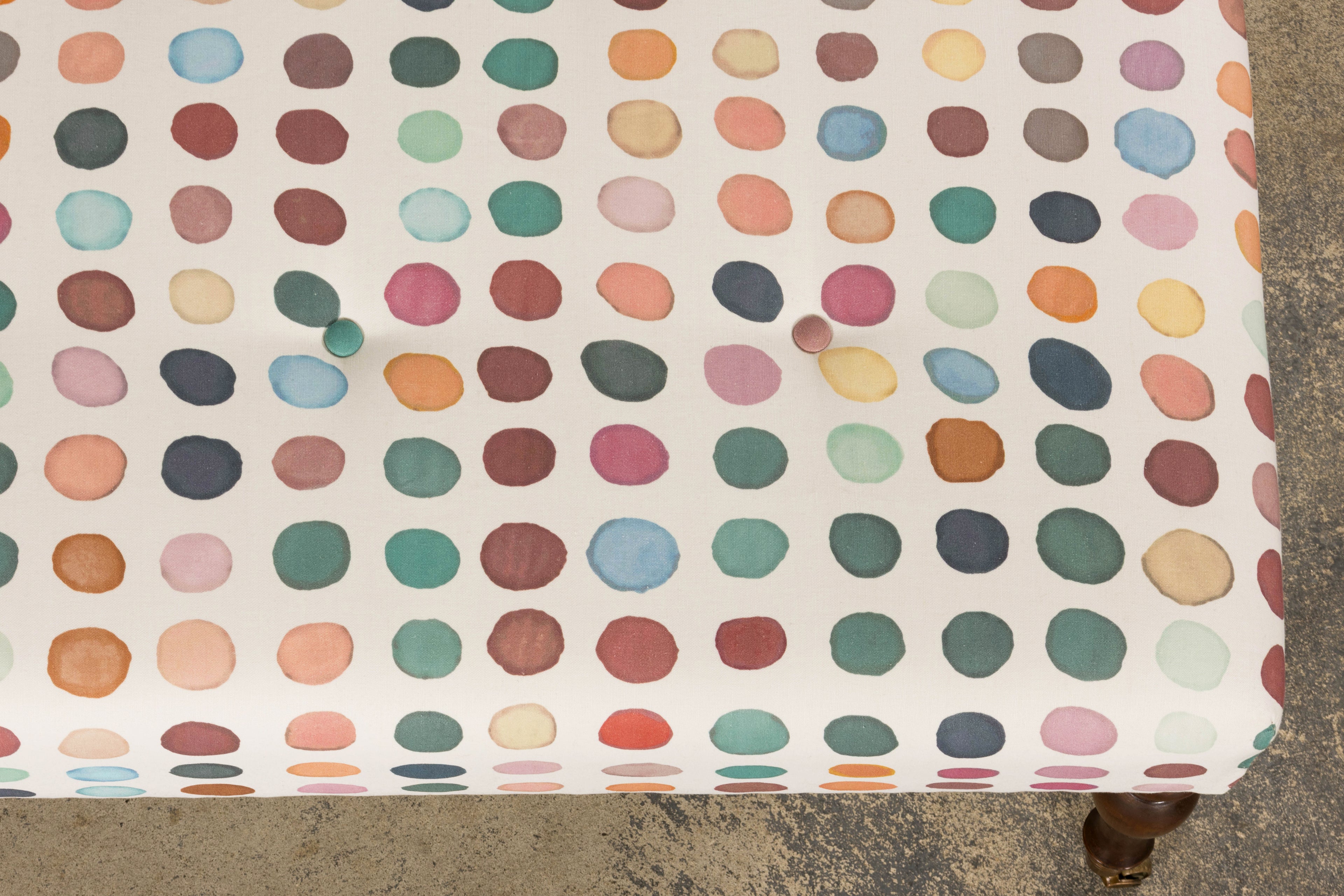 Vintage French Tufted Ottoman in Multicolor Linen Upholstery