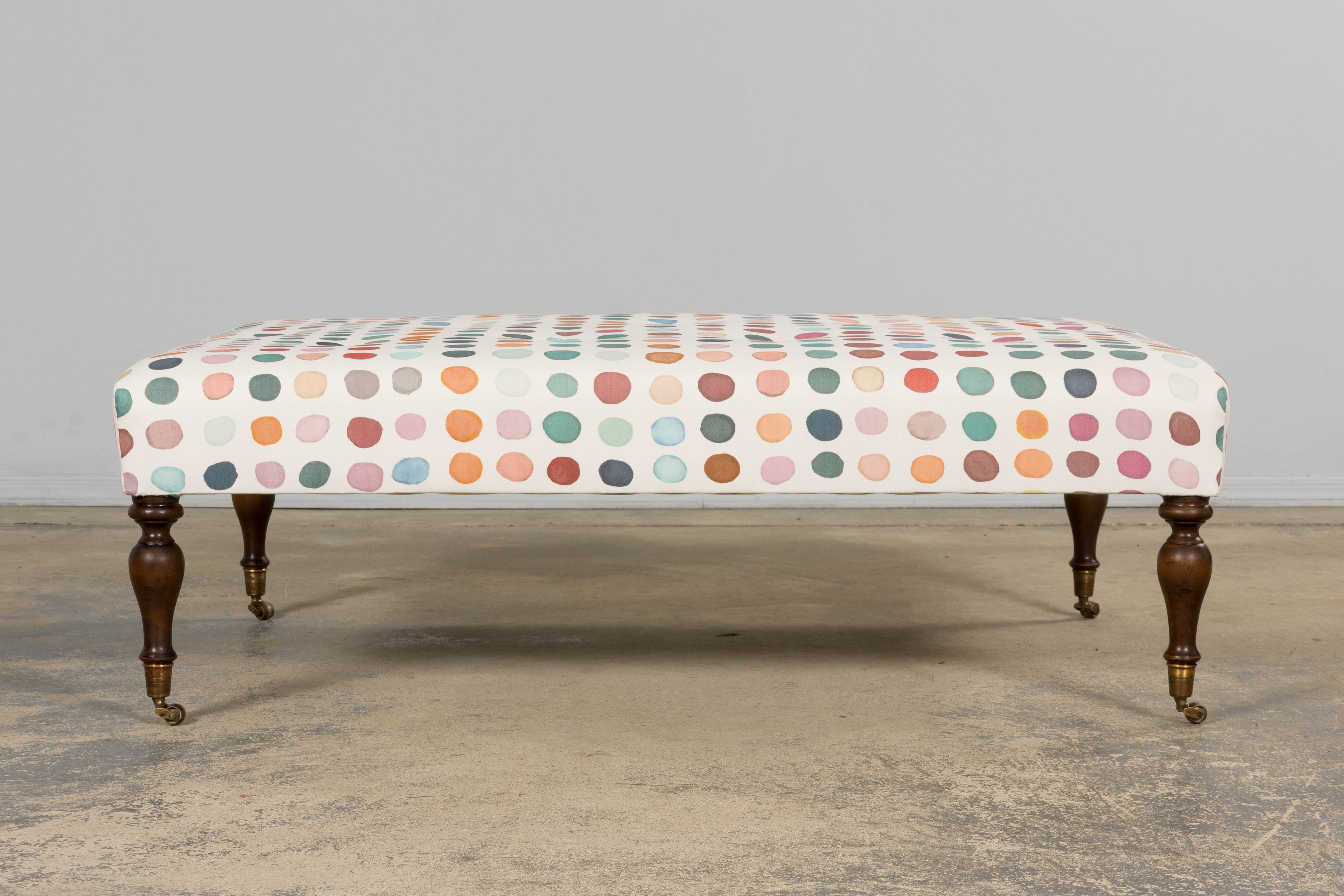 Vintage French Tufted Ottoman in Multicolor Linen Upholstery