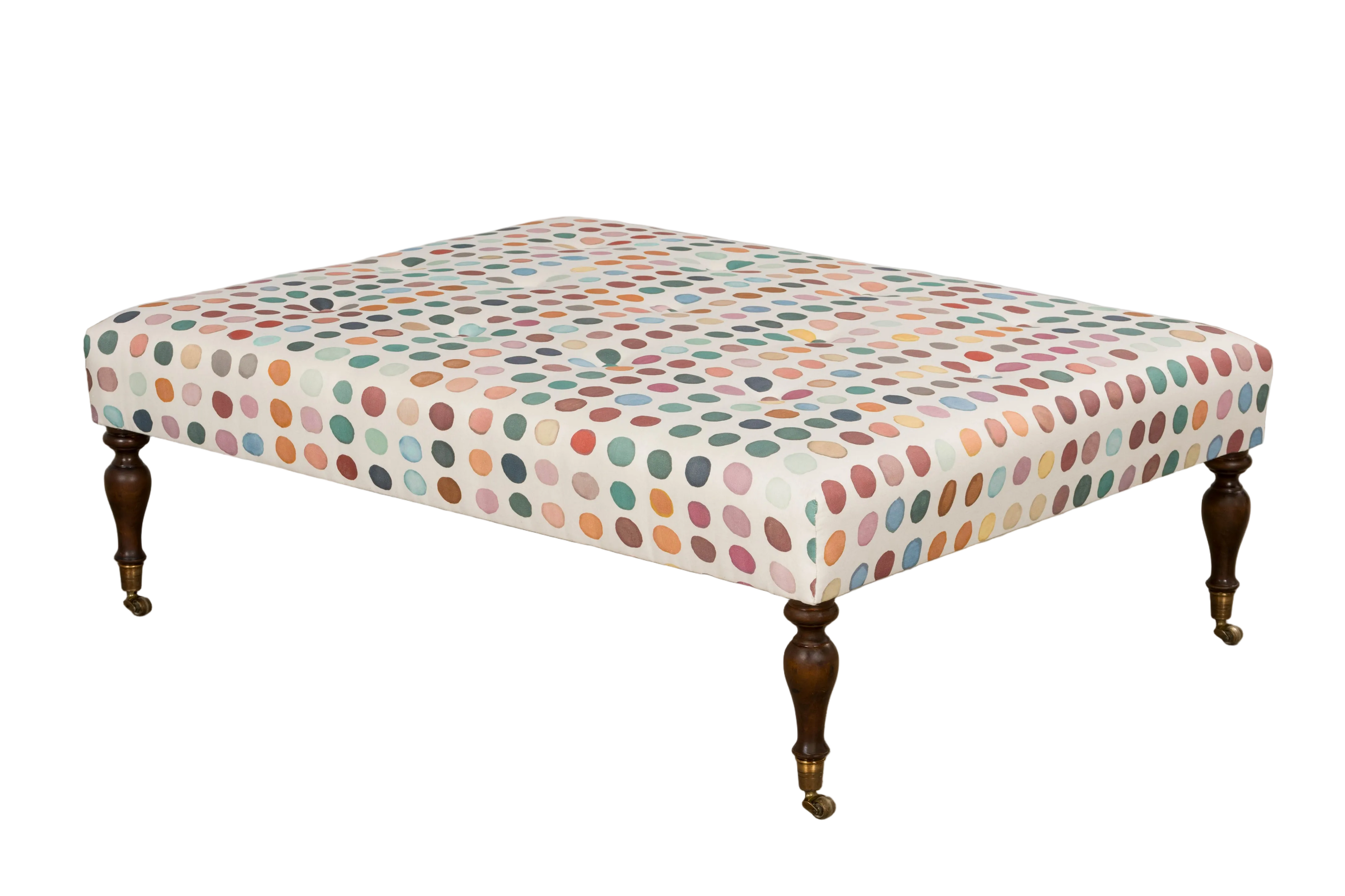 Vintage French Tufted Ottoman in Multicolor Linen Upholstery