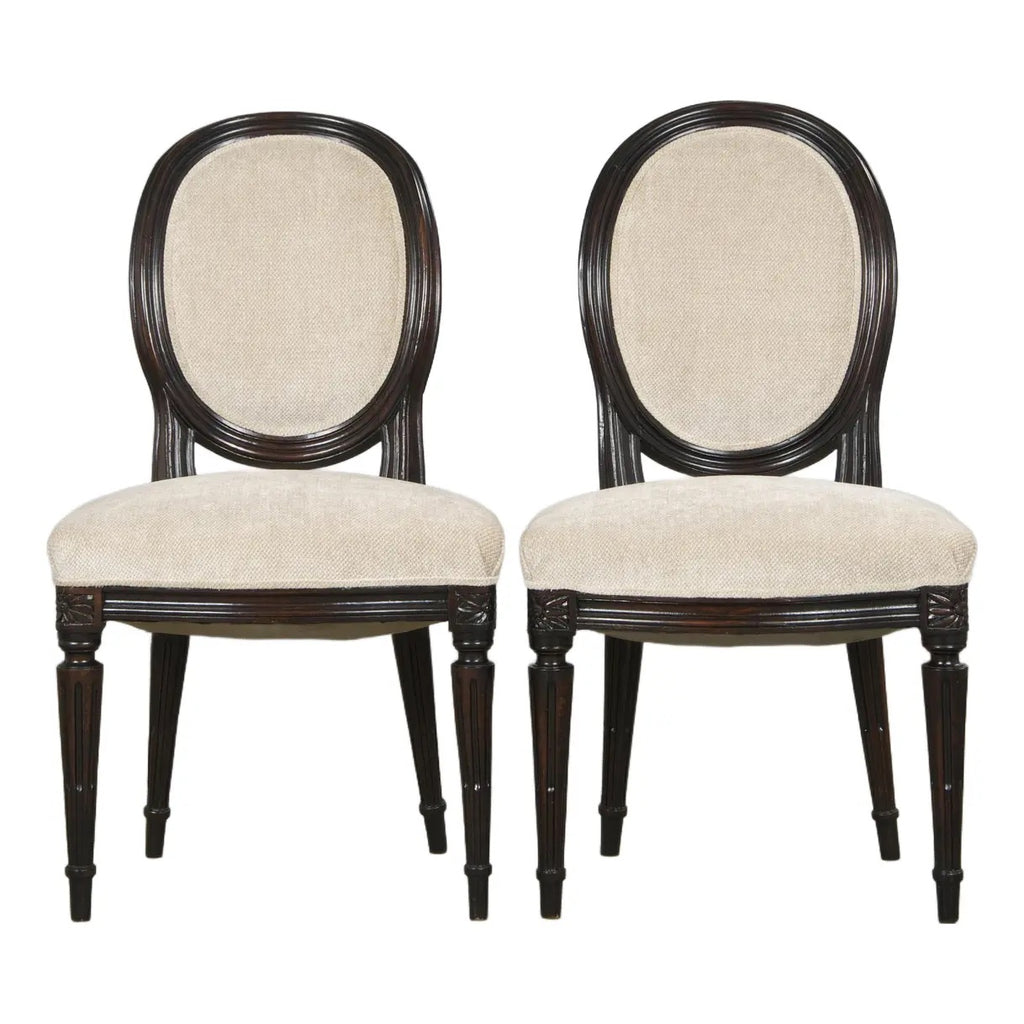 Antique French Louis XVI Style Maple Side Chairs in Beige Chenille - A Pair