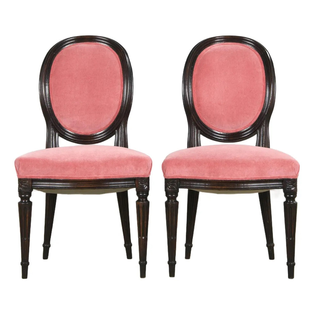 Antique French Louis XVI Style Maple Side Chairs in Pink Velvet - A Pair