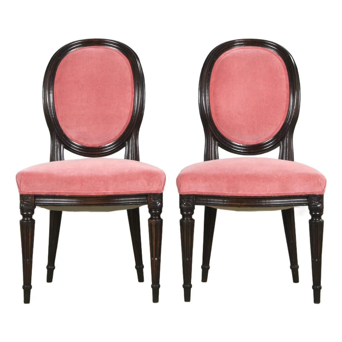 Antique French Louis XVI Style Maple Side Chairs in Pink Velvet - A Pair