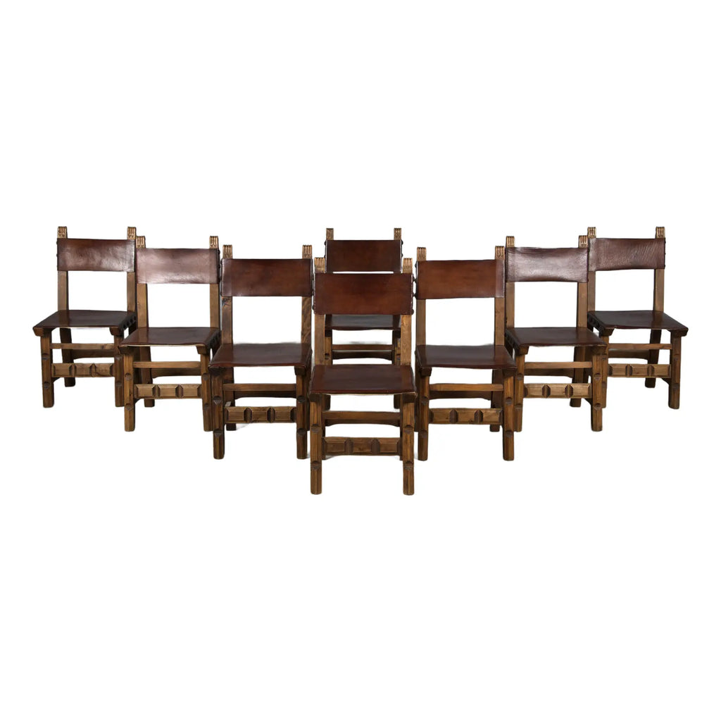 Antique Spanish Colonial Oak Dining Chairs W/ Brown Leather - Set of 8