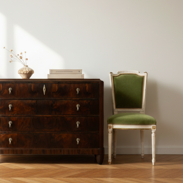 Antique French Louis XVI Style Painted Accent Chair in Moss Green Mohair