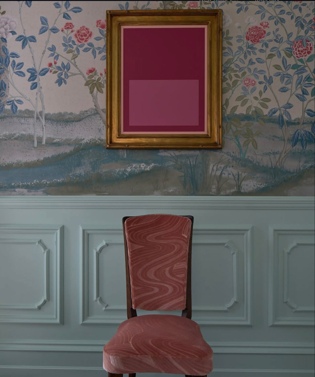 1940s French Parisian Art Deco Oak Dining Chairs in Blush Velvet - Set of 6