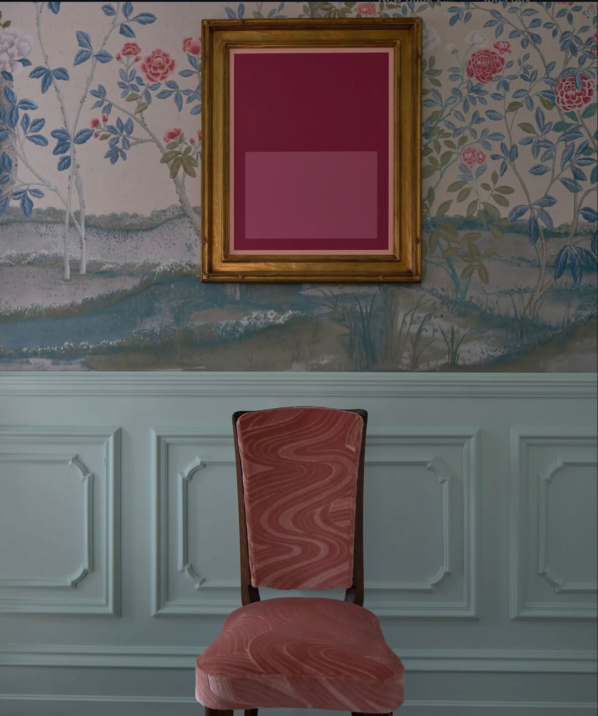 1940s French Parisian Art Deco Oak Dining Chairs in Blush Velvet - Set of 6