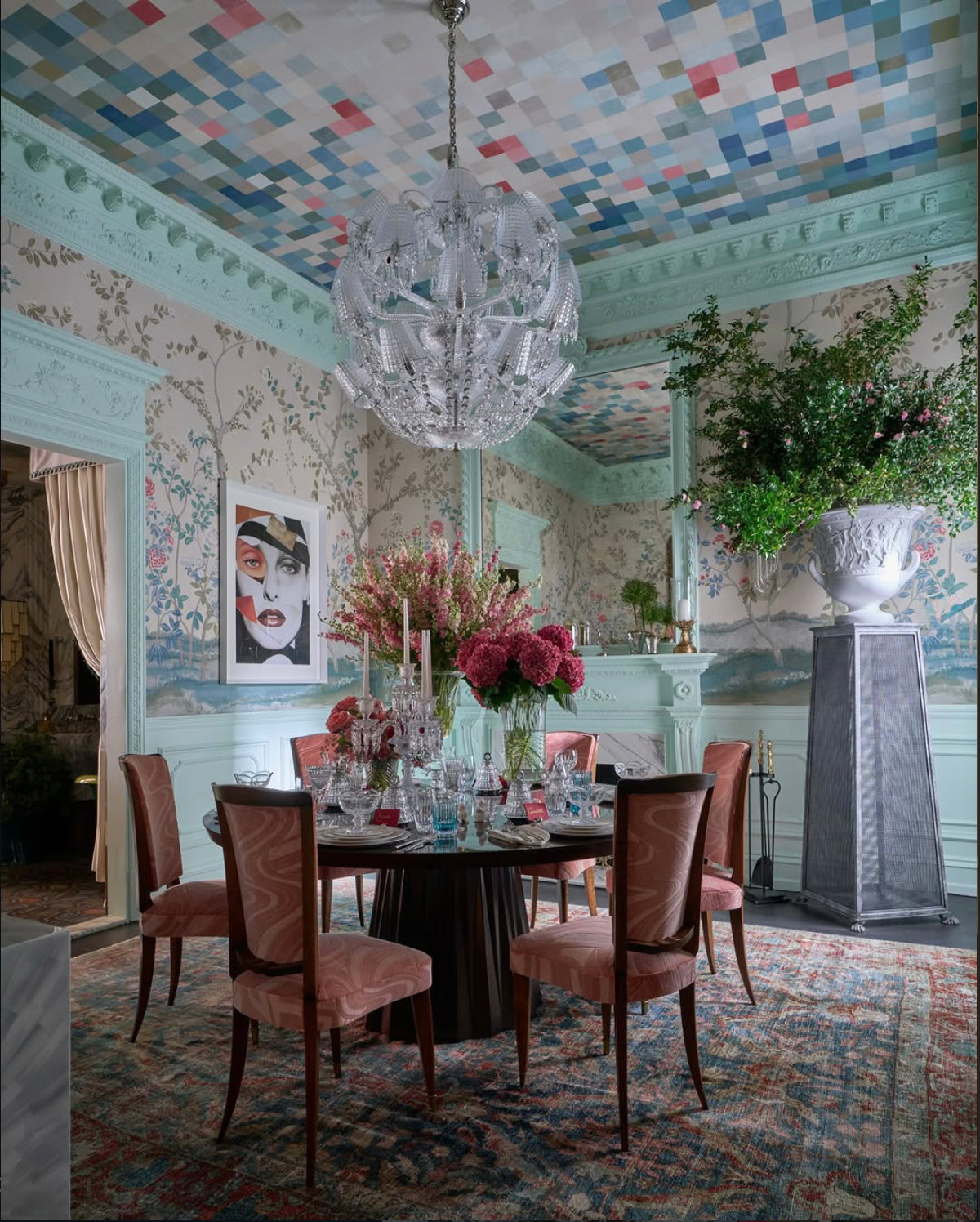 1940s French Parisian Art Deco Oak Dining Chairs in Blush Velvet - Set of 6