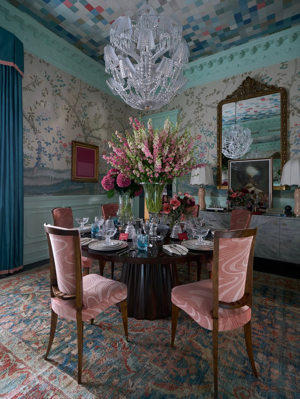 1940s French Parisian Art Deco Oak Dining Chairs in Blush Velvet - Set of 6