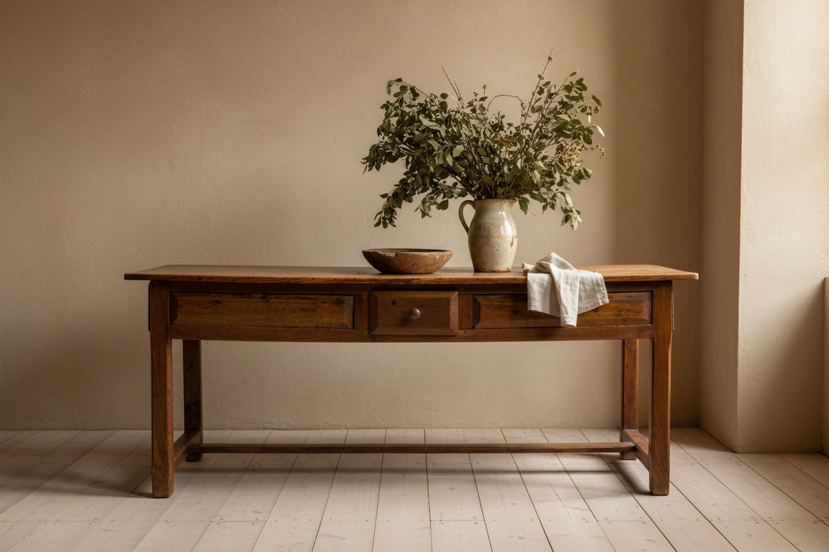 French provincial trestle table with fuller branches and rustic flooring