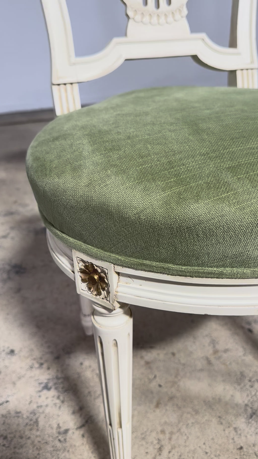 Pair of French Louis XVI Neoclassical Style Painted Lyre Back Accent Chairs in Laurel Green Velvet