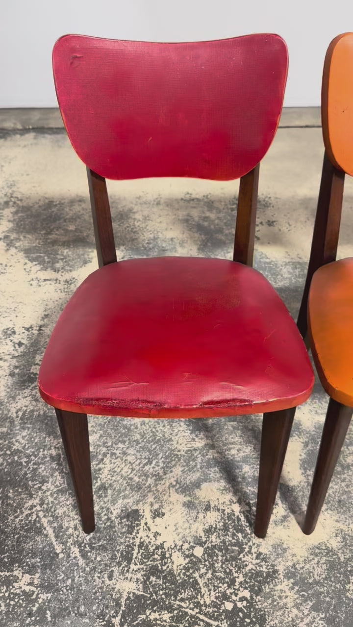 Mid Century Modern French Oak Dining Chairs in Rainbow Vinyl - Set of 6