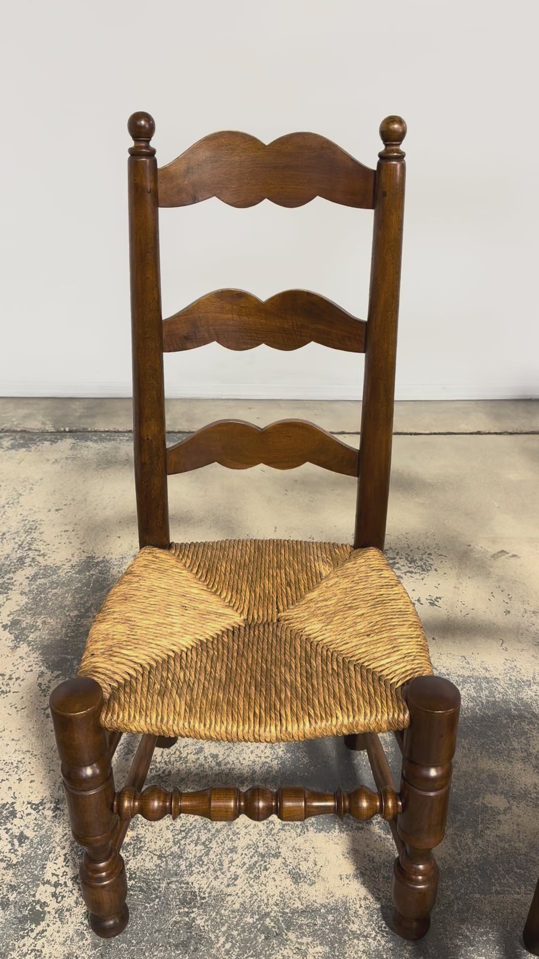 Antique French Provincial Ladderback Walnut Dining Chairs with Rush Seats – Set of 6