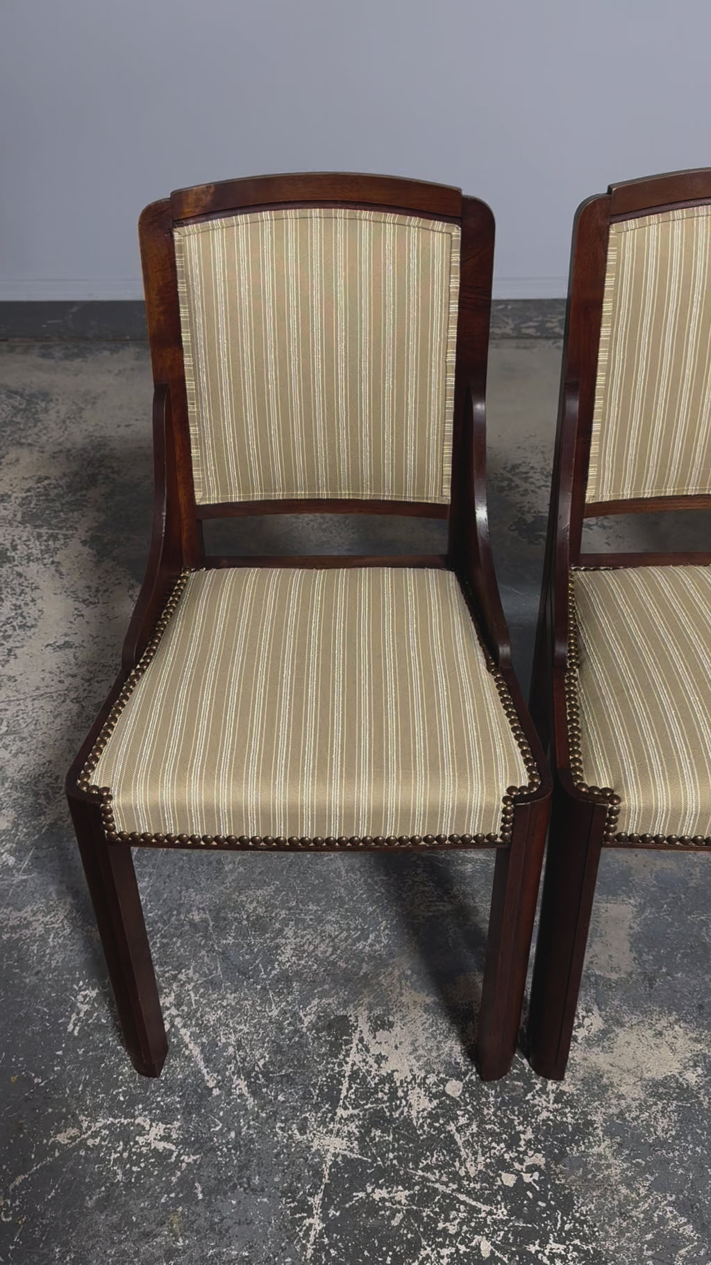 1930s French Art Deco Walnut Dining Chairs In Beige Stripe - Set of 6
