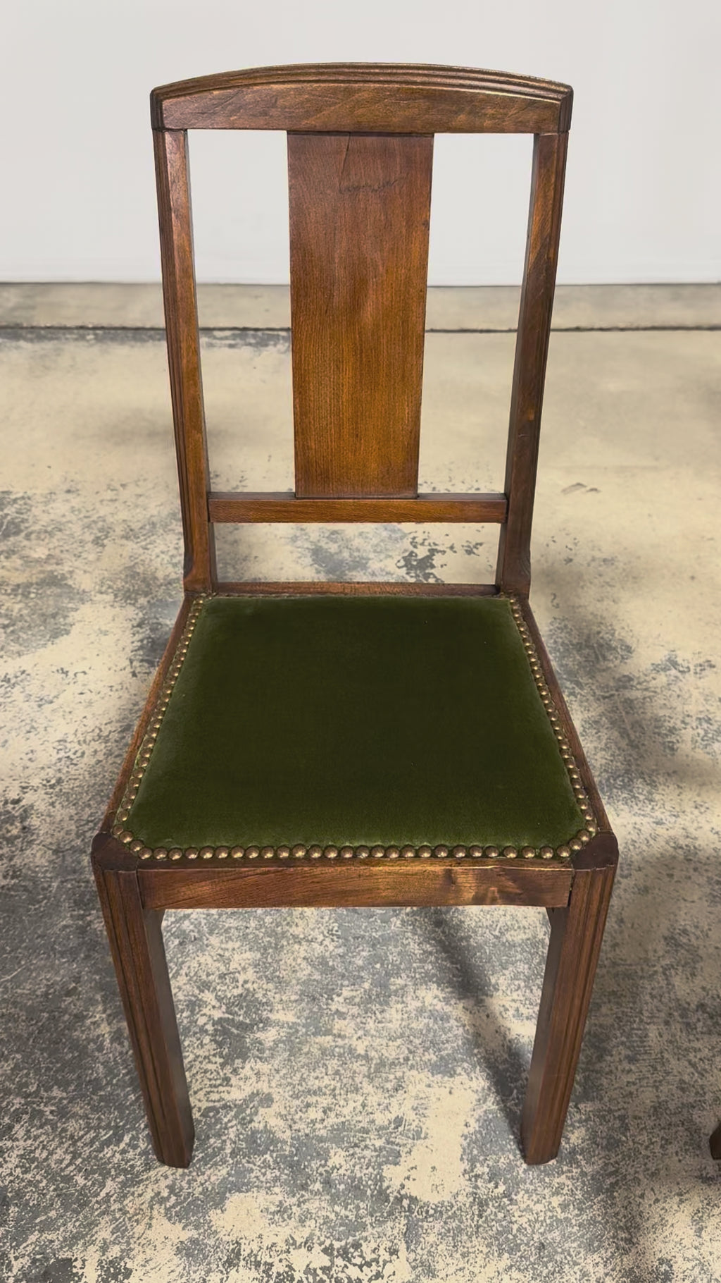 1930s French Art Deco Maple Dining Chairs W/ Olive Green Velvet - Set of 6