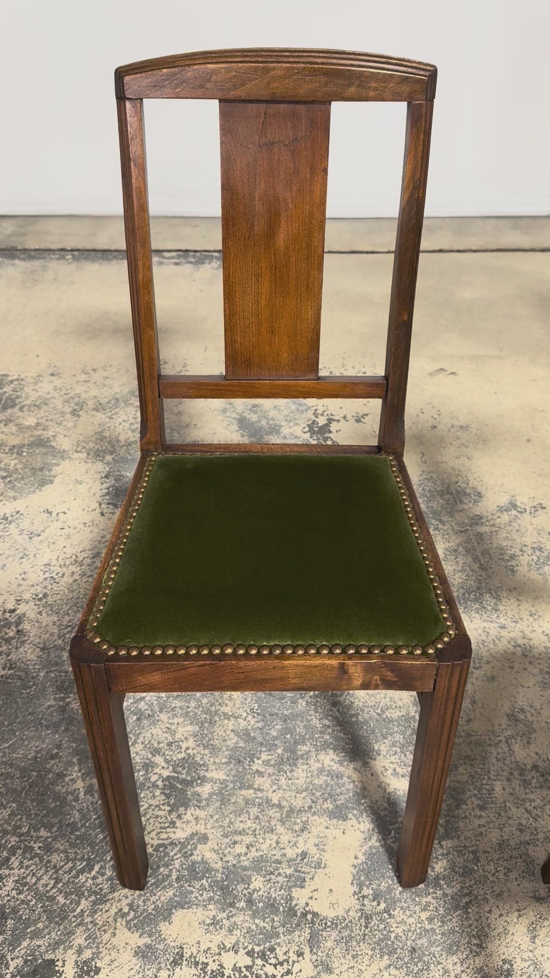 1930s French Art Deco Maple Dining Chairs W/ Olive Green Velvet - Set of 6