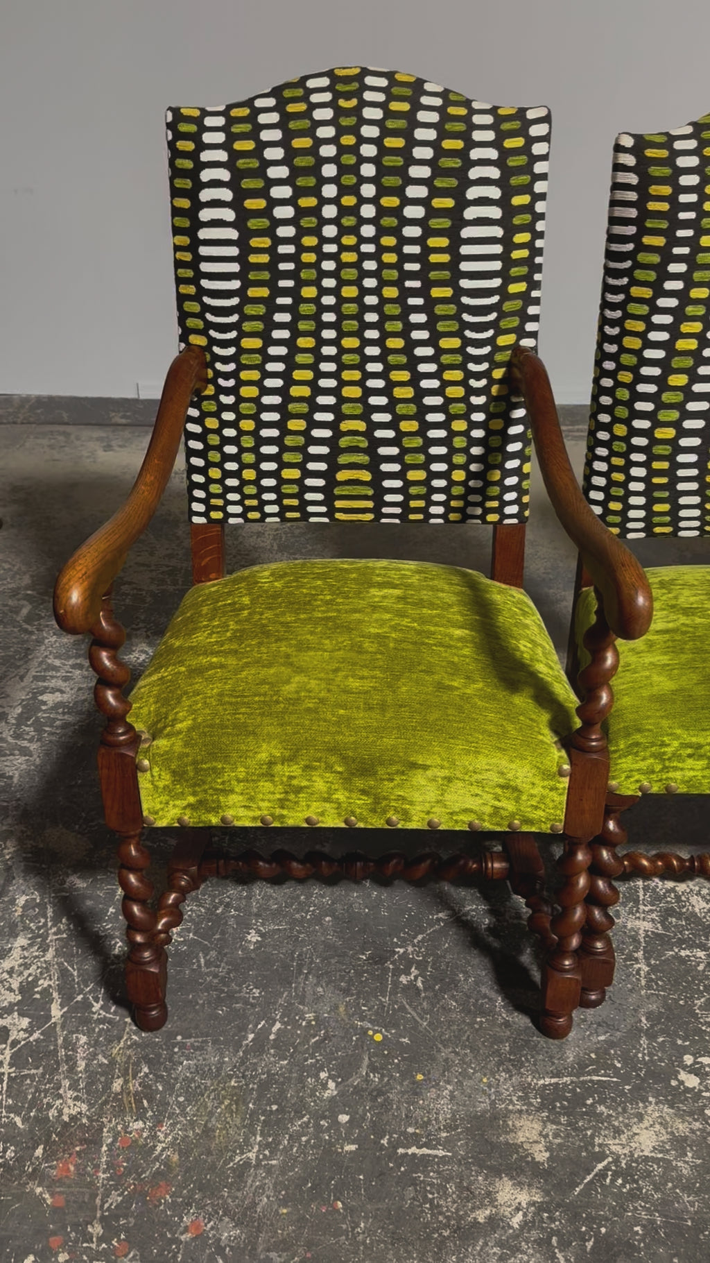 Antique French Louis XIII Style Oak Barley Twist Dining Chairs W/ Green Fabric - Set of 6