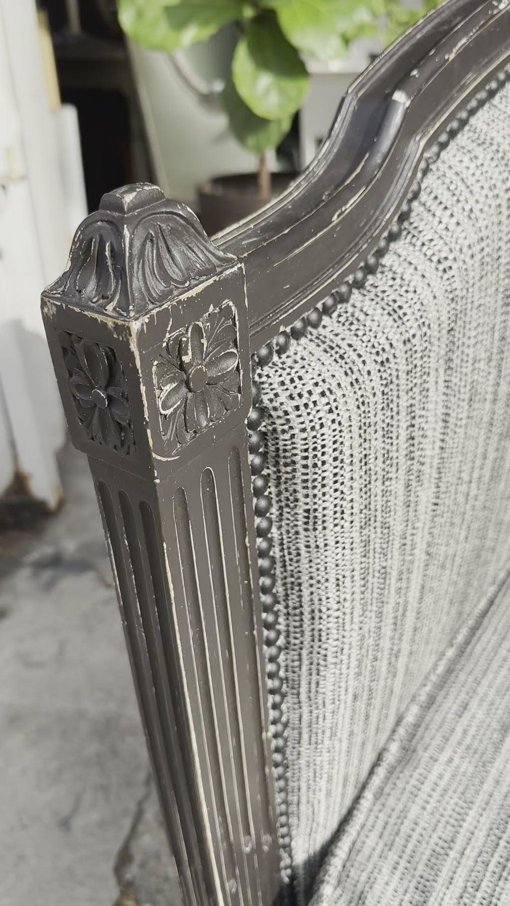 Antique French Louis XVI Style Painted in Black Daybed W/ Tweed Fabric
