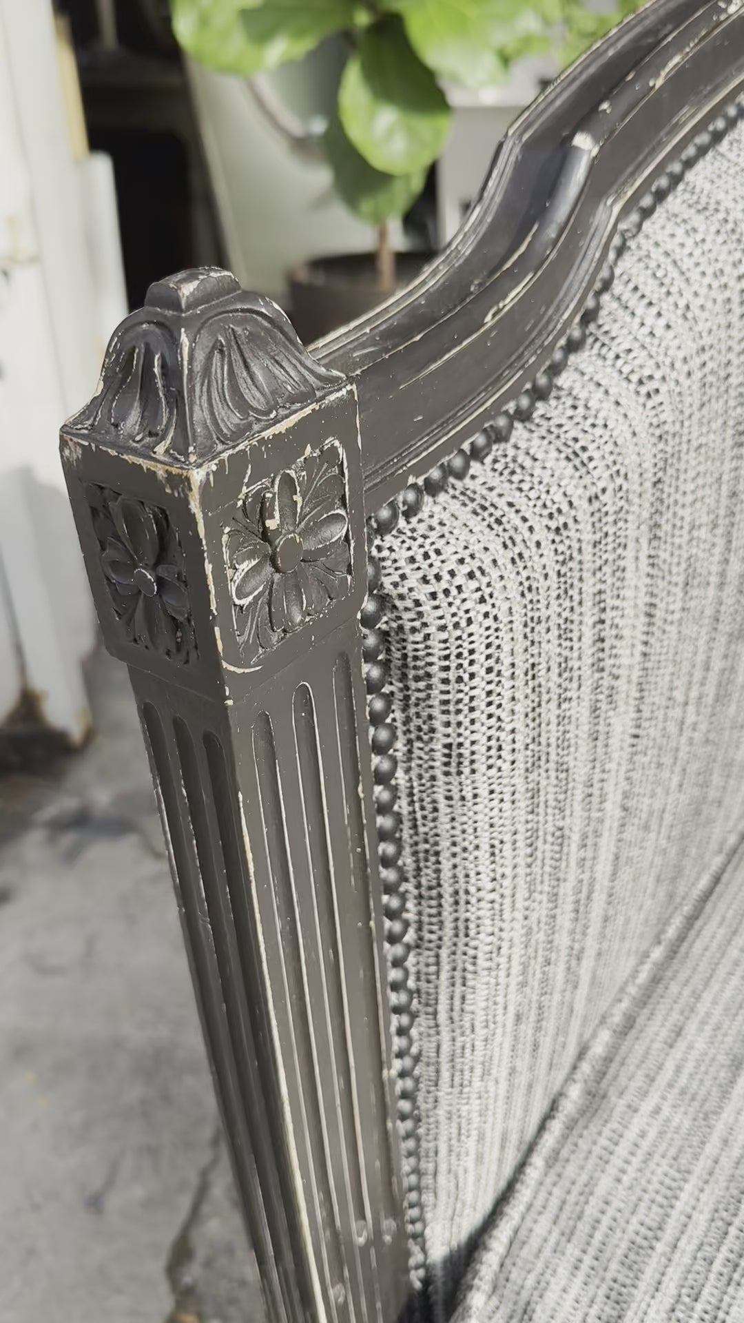 Antique French Louis XVI Style Painted in Black Daybed W/ Tweed Fabric