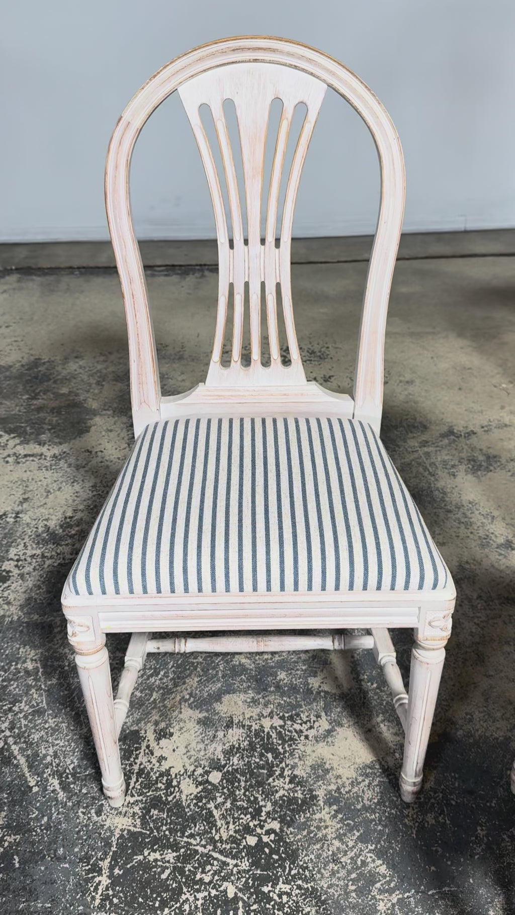 French Louis XVI Style Painted Dining Chairs W/ Striped Linen - Set of 6