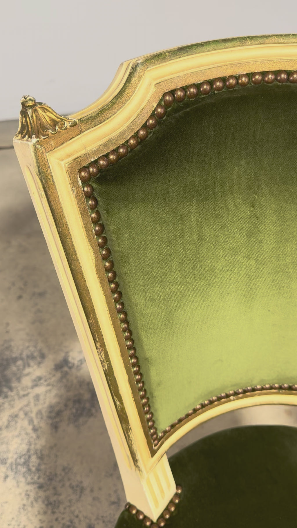 Antique French Louis XVI Style Painted Accent Side Chairs in Olive Green Velvet - A Pair