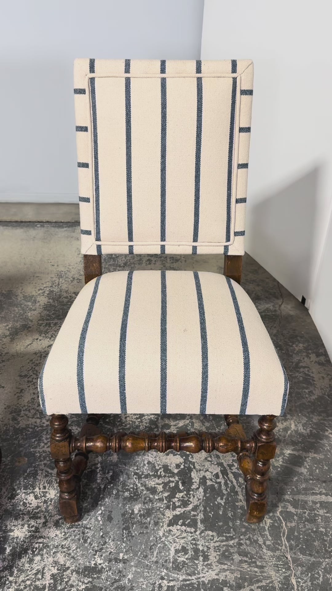 Late 19th Century French Louis XIII Dining Chairs in Blue Striped Jacquard, Set of 12
