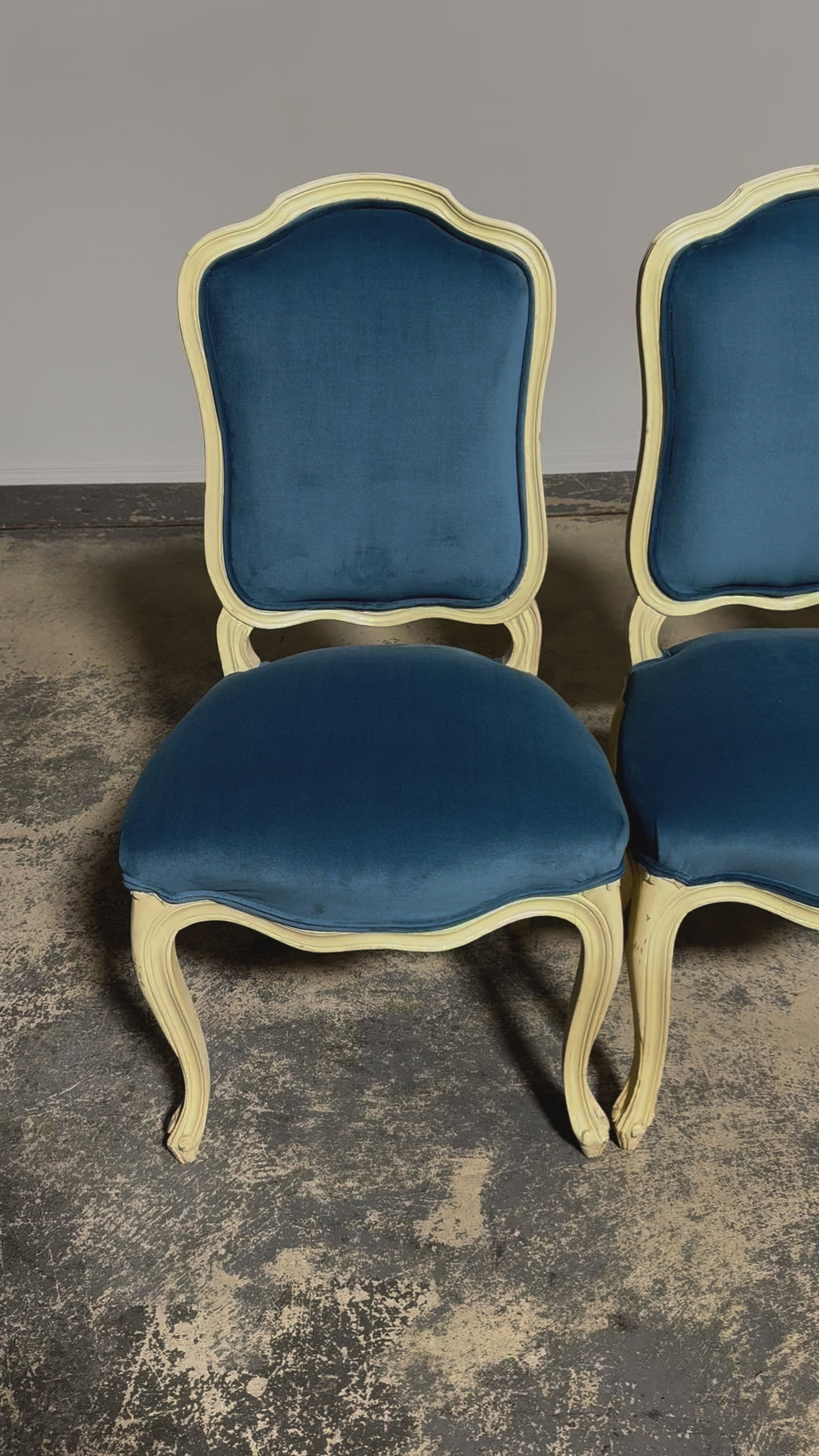 French Louis XV Style Painted Dining Chairs W/ Blue Velvet - Set of 6