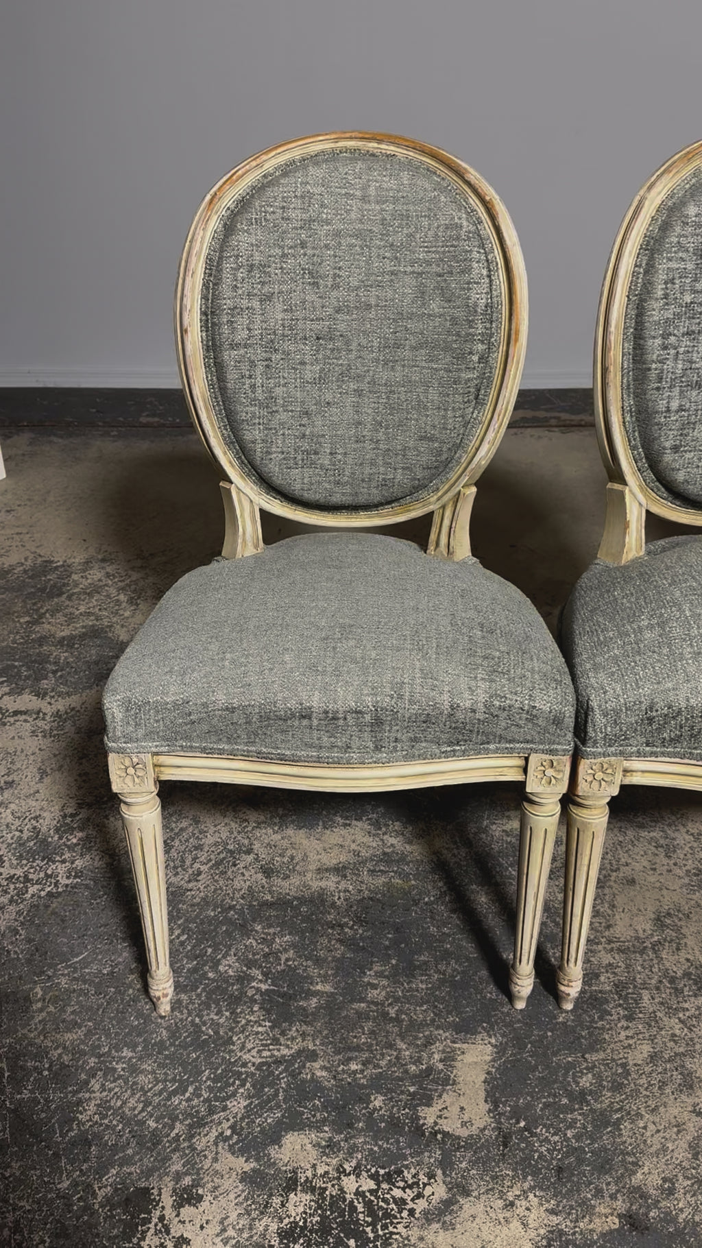 Antique French Louis XVI Style Painted Dining Chairs W/ Grey Blue Chenille - Set of 6
