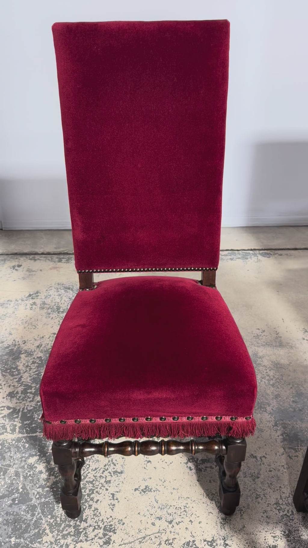 Antique French Louis XIII Style Maple Dining Chairs in Red Velvet - Set of 10