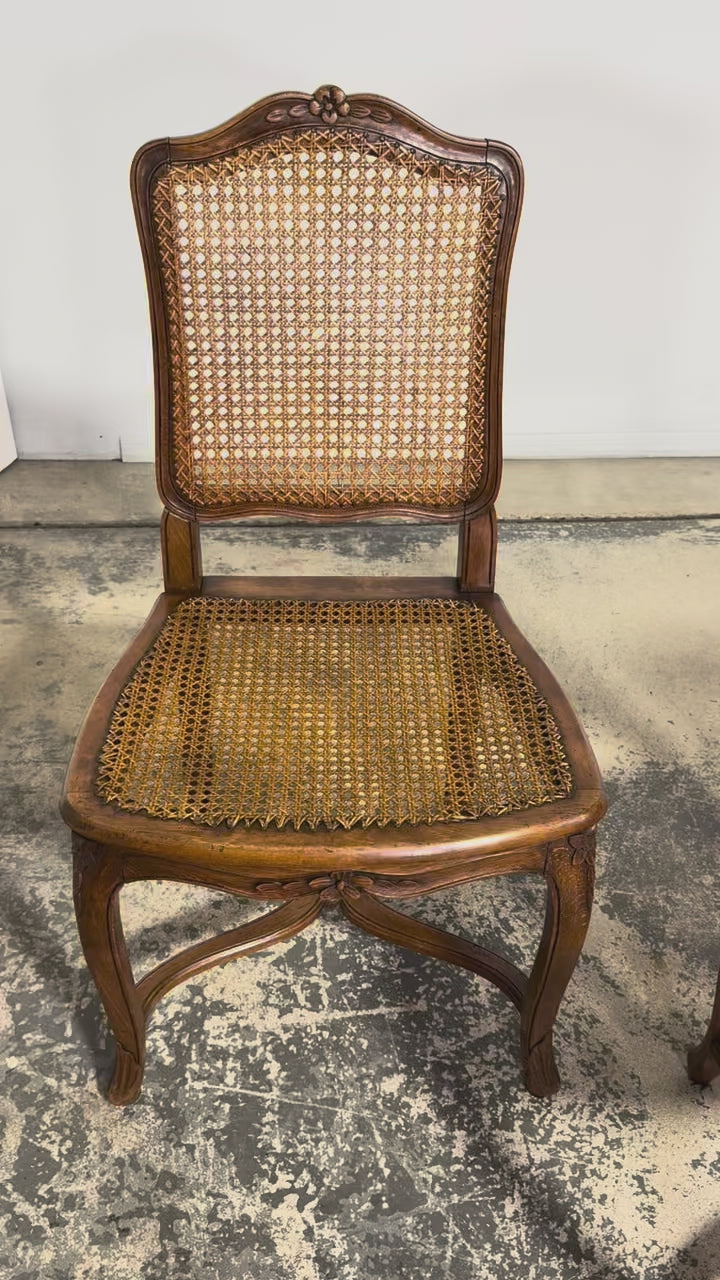 Antique French Louis XV Style Provincial Walnut Cane Dining Chairs, Set of 12