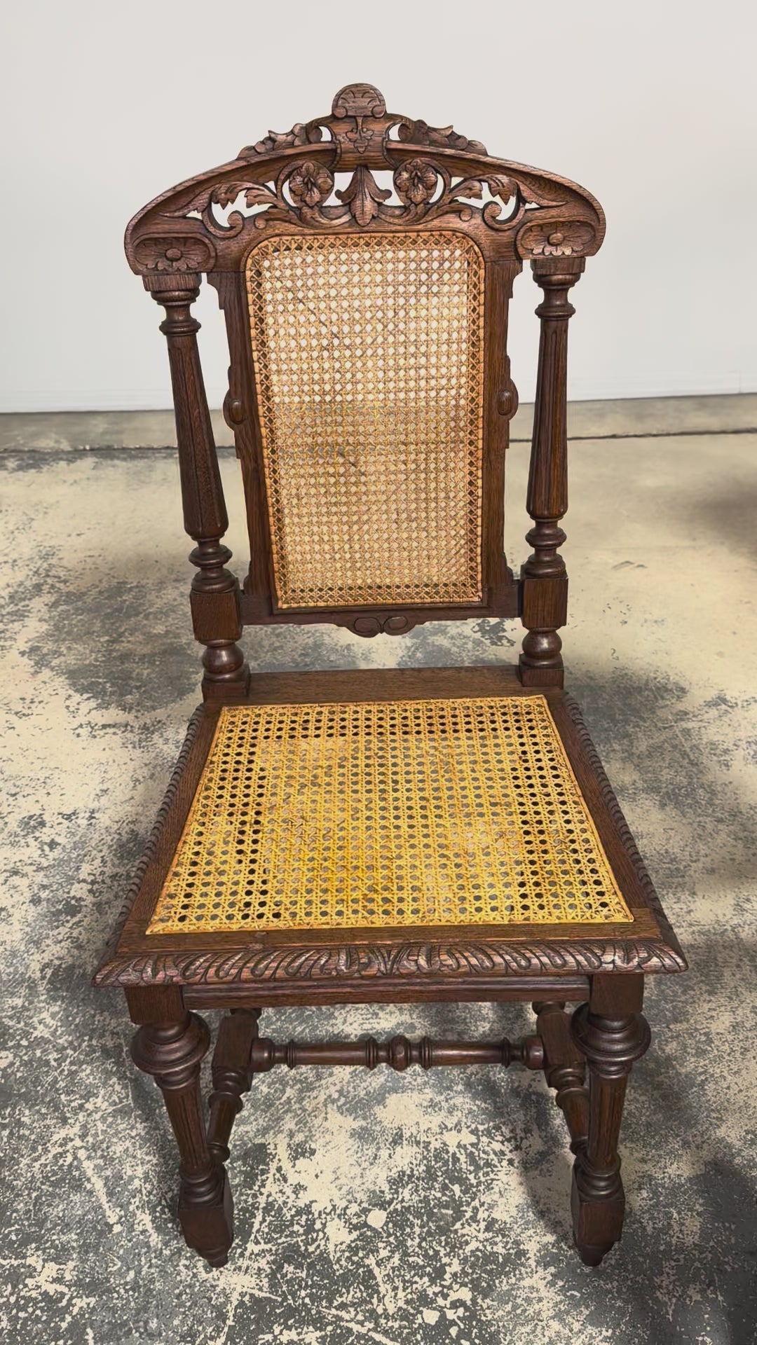 Antique French Renaissance Revival Henri II Style Oak Cane Dining Chairs - Set of 6