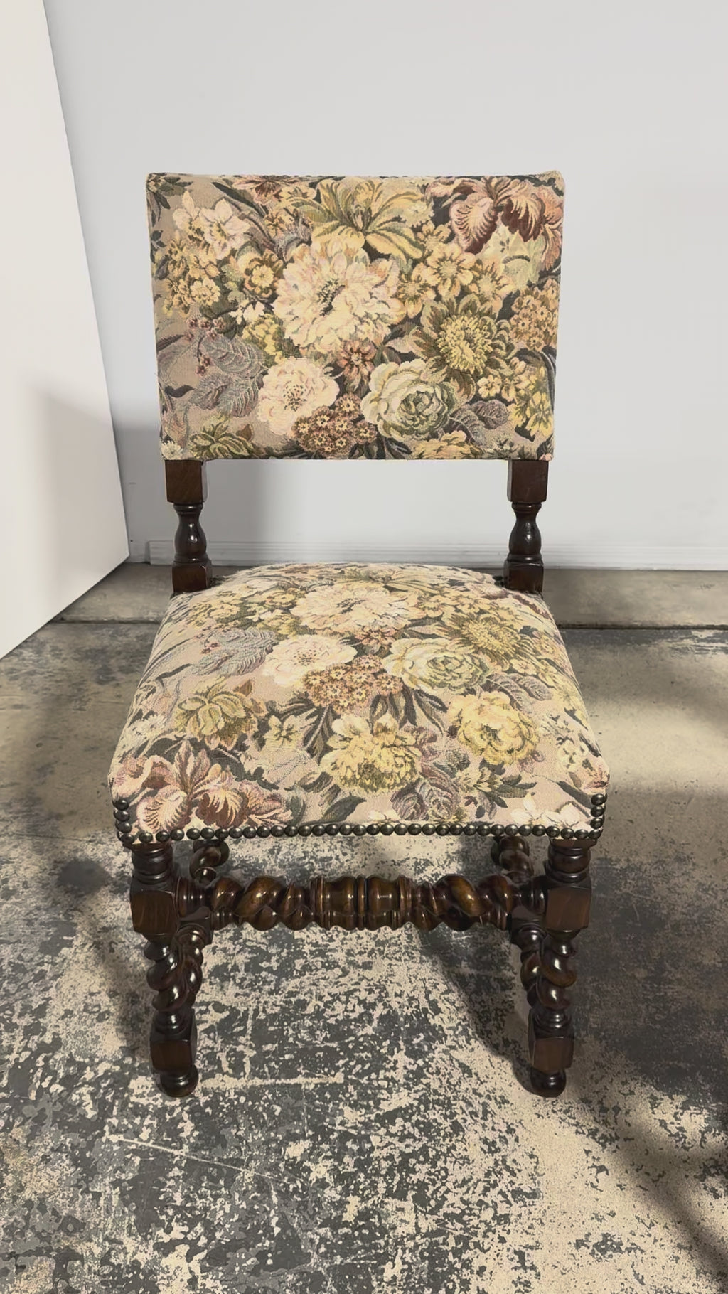 French Louis XIII Style Oak Barley Twist Dining Chairs W/ Floral Tapestry - Set of 8