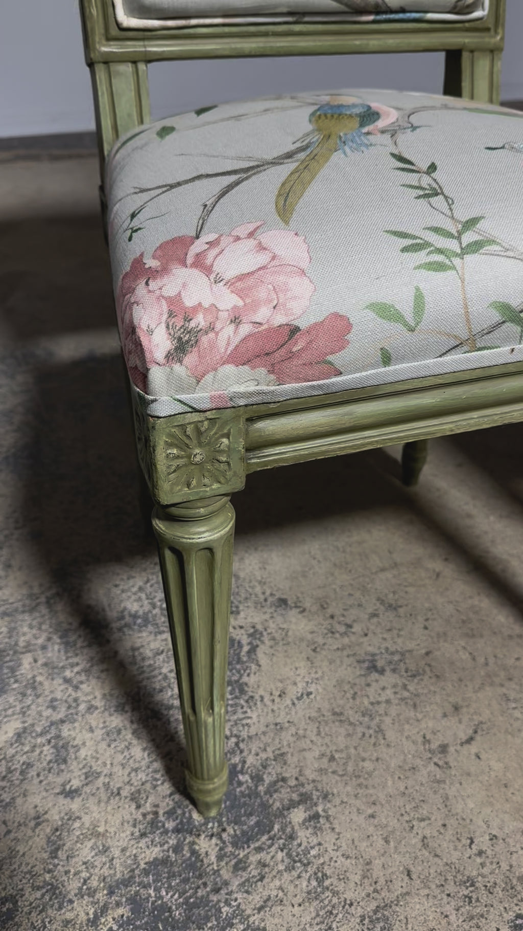 Antique French Louis XVI Style Painted Square Back Side Chairs in Chinoiserie Fabric - A Pair