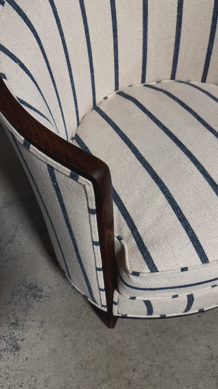 1930s French Art Deco Maple Tub Chairs in Striped Fabric - A Pair