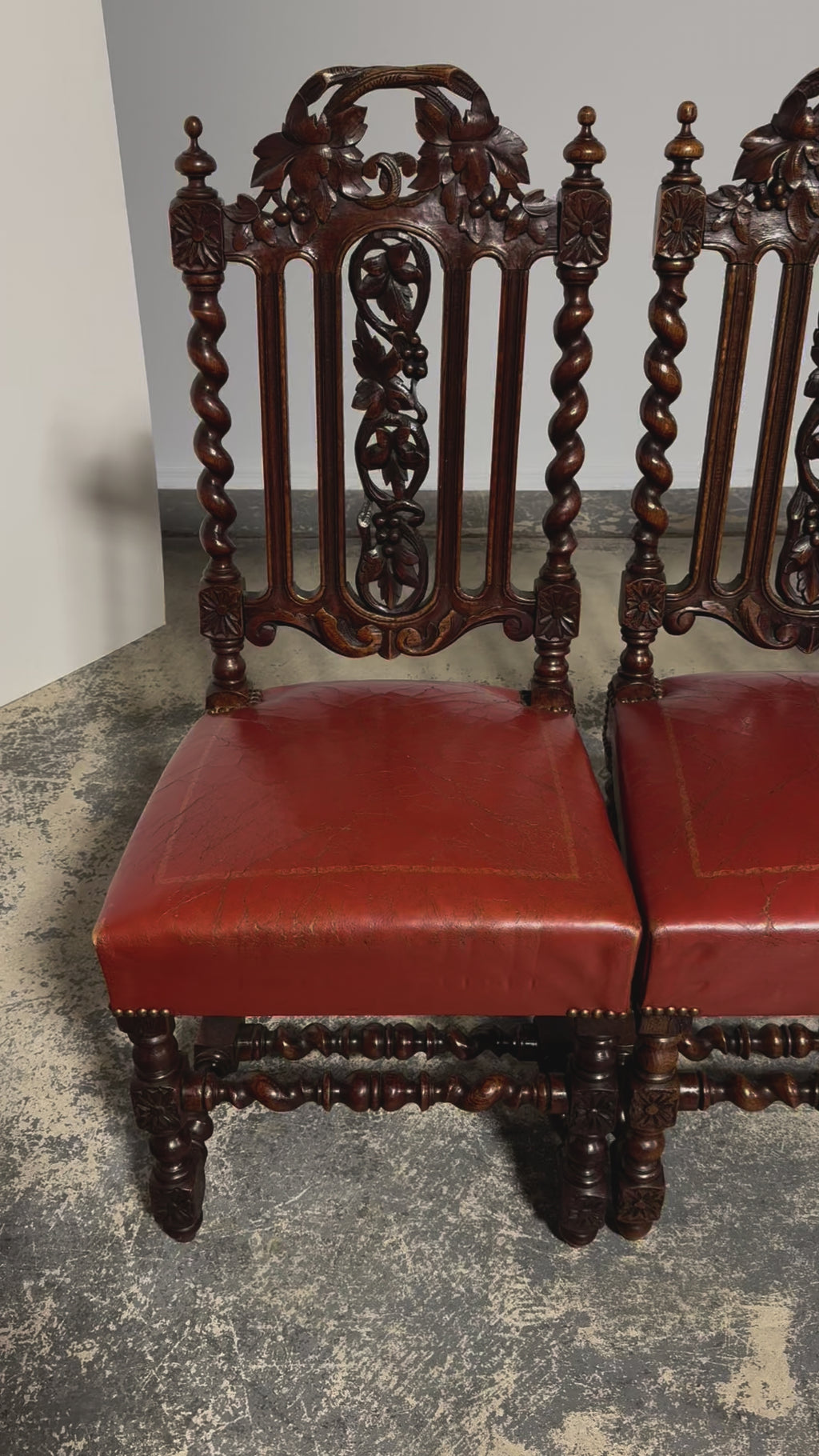 Antique French Renaissance Style Oak Barley Twist Dining Chairs W/ Red Leather - Set of 6