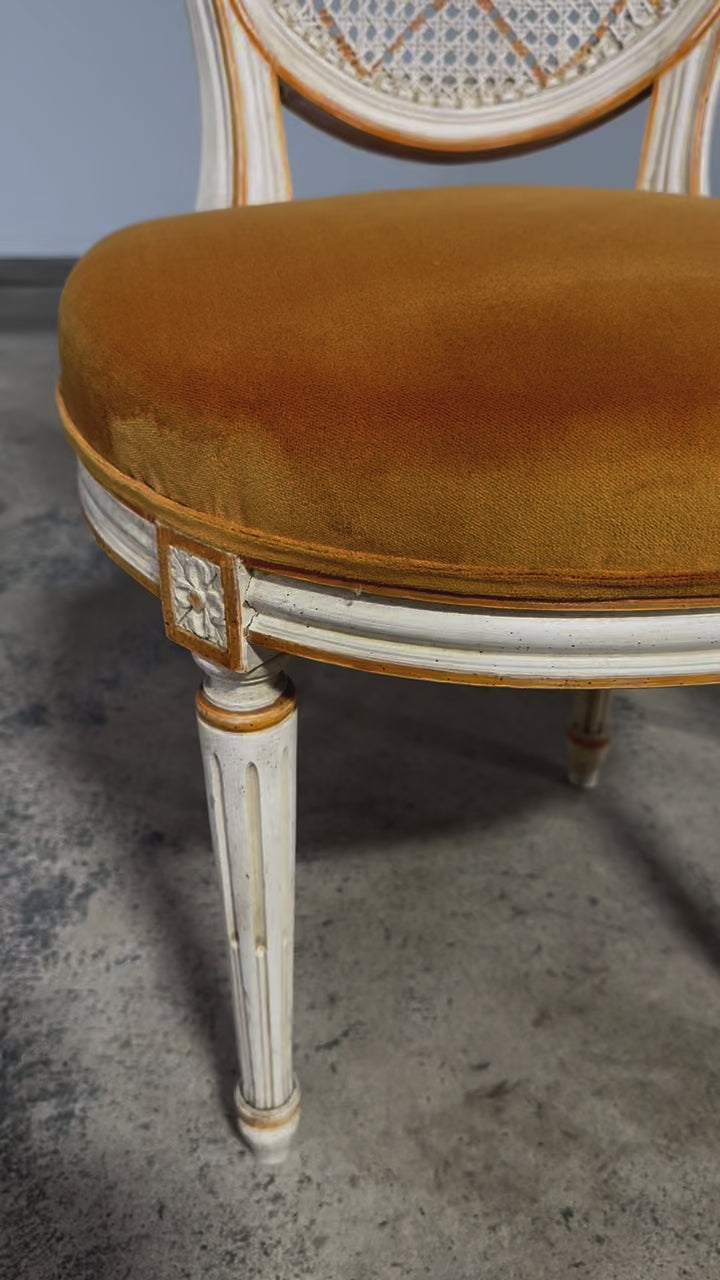 Antique French Louis XVI Painted Cane Back Accent Side Chairs W/ Marigold Velvet - A Pair