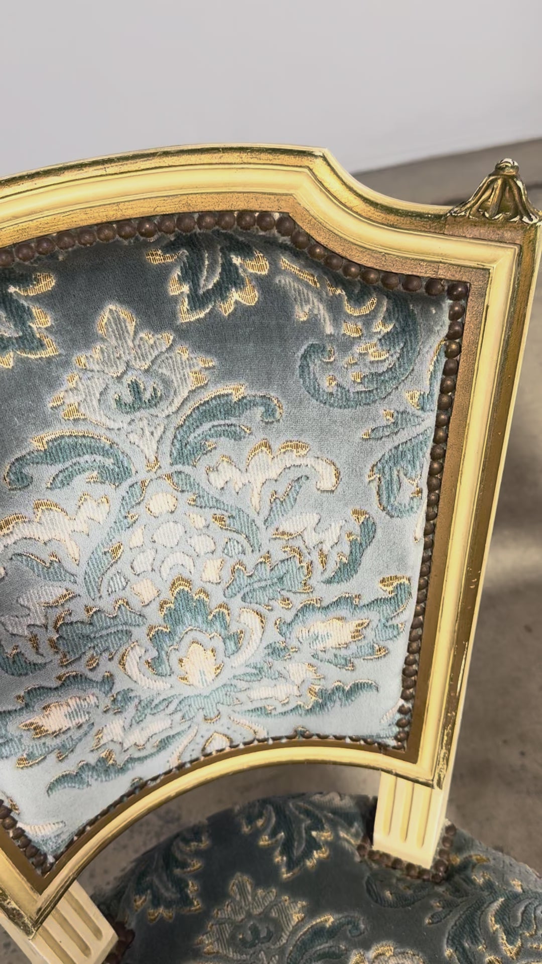 Antique French Louis XVI Style Painted Side Chairs W/ Blue Velvet Damask – A Pair