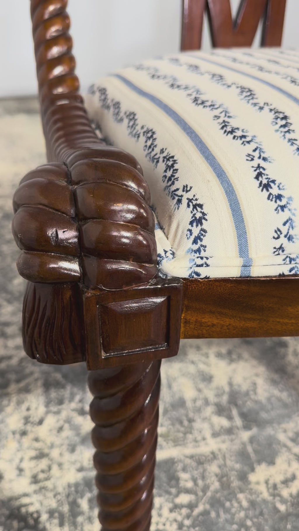 Napoleon III Style Faux Rope Mahogany Gondola Dining Chairs In Caspian Blue Stripe - Set of 12