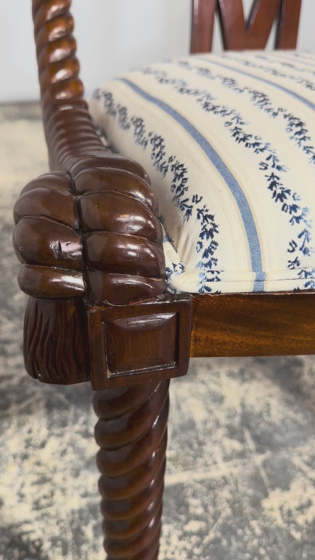 Napoleon III Style Faux Rope Mahogany Gondola Dining Chairs In Caspian Blue Stripe - Set of 12