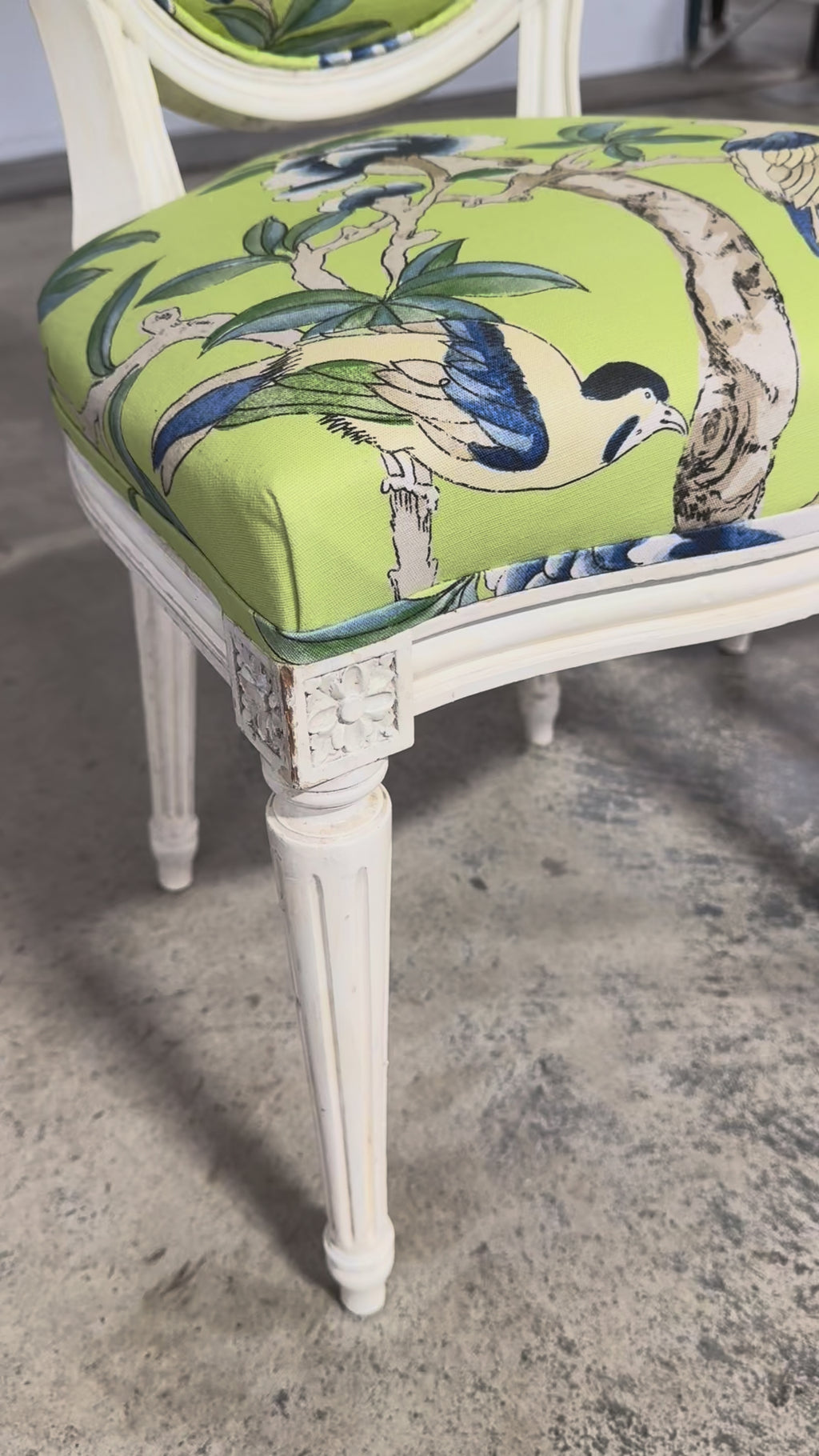 Antique French Louis XVI Style Painted Side Chairs in Green Chinoiseries Fabric - A Pair