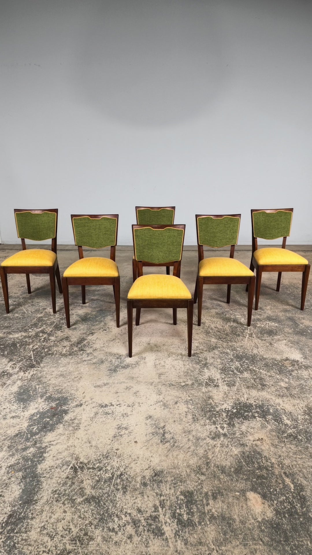 Set of 6 French Art Deco Maple Dining Chairs in Yellow and Moss Green, 1930s